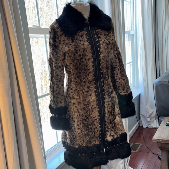 NWT Marciano real rabbit fur coat leather stud trim leopard cheetah jacket Small - Picture 9 of 17